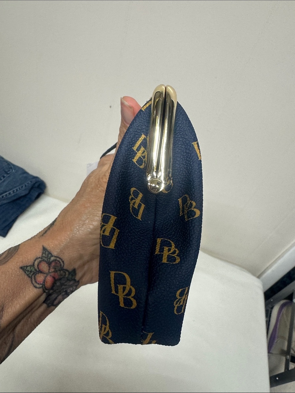 Dooney & Bourke Navy and Gold DB Monogram Kiss-Lock Coin Purse - Picture 6 of 11